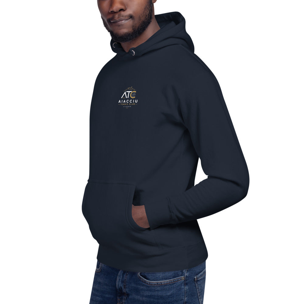 Sweat classique à capuche unisexe Aiacciu Tennis Club — Navy Blazer, vue trois quarts