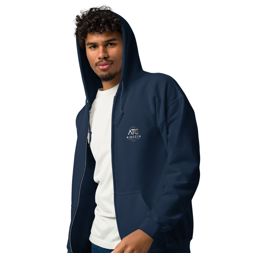 Sweat zippé classique unisexe Aiacciu Tennis Club — Bleu marine, vue trois quarts