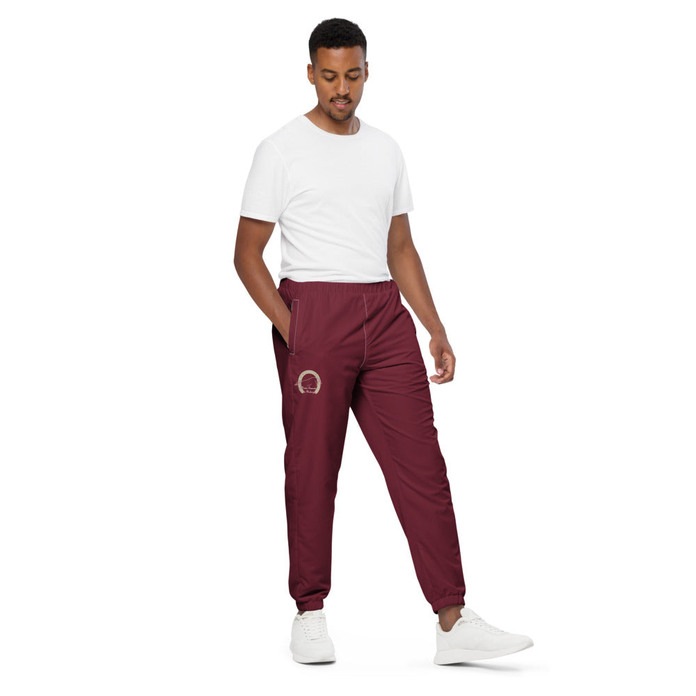 Pantalon de survêtement large unisexe Les Poneys du Roheryn, Blanc, porté par un homme, vue trois quarts