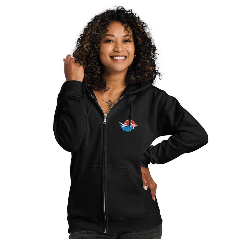 Sweat zippé classique unisexe Ozoir Taekwondo, Noir, porté par une femme, vue de face