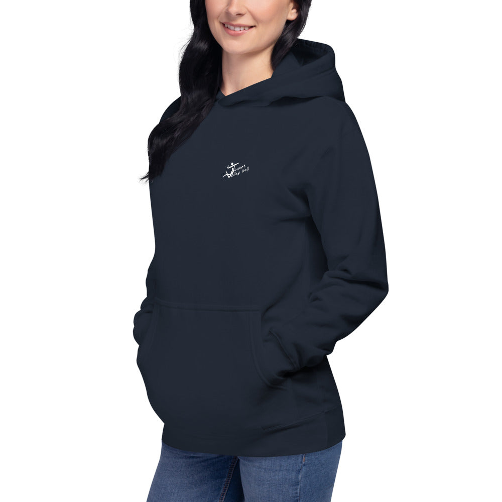 Sweat classique à capuche unisexe Touvet volley Ball Grésivaudan, Navy Blazer, porté par une femme, vue trois quarts