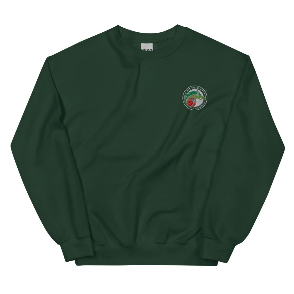 Sweat col rond unisexe US Argenton Basket, Vert Sapin, à plat, vue de face, logo brodé